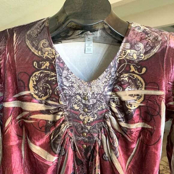 NWOT Style & Co Burgundy/Gold Poly Velveteen Print Top size Medium - 49.00 - Picture 5 of 6